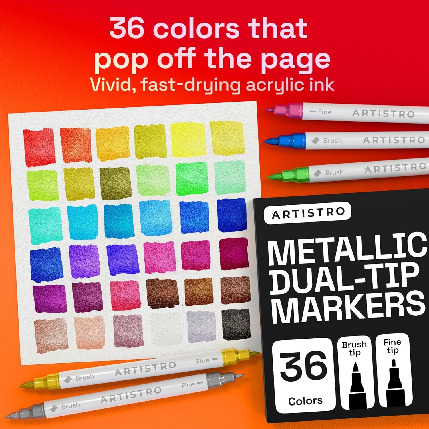 image:imageARTISTRO 72 Acrylic Paint Markers Paint Pens for Drawing For Fabric Rock Glass Wood Molds Arts amp Crafts Gift for Adults Teens Kids Classroom Must Haves amp School SuppliesMetallic