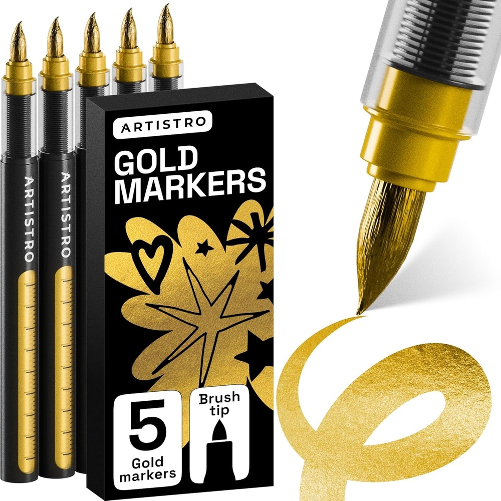 image:imageARTISTRO 5 Gold Paint Pen for Rock Glass Ceramic Wood Tire Fabric Metal Canvas Marking Painting Set of 5 Acrylic Paint Markers Waterbased Different TipsGold