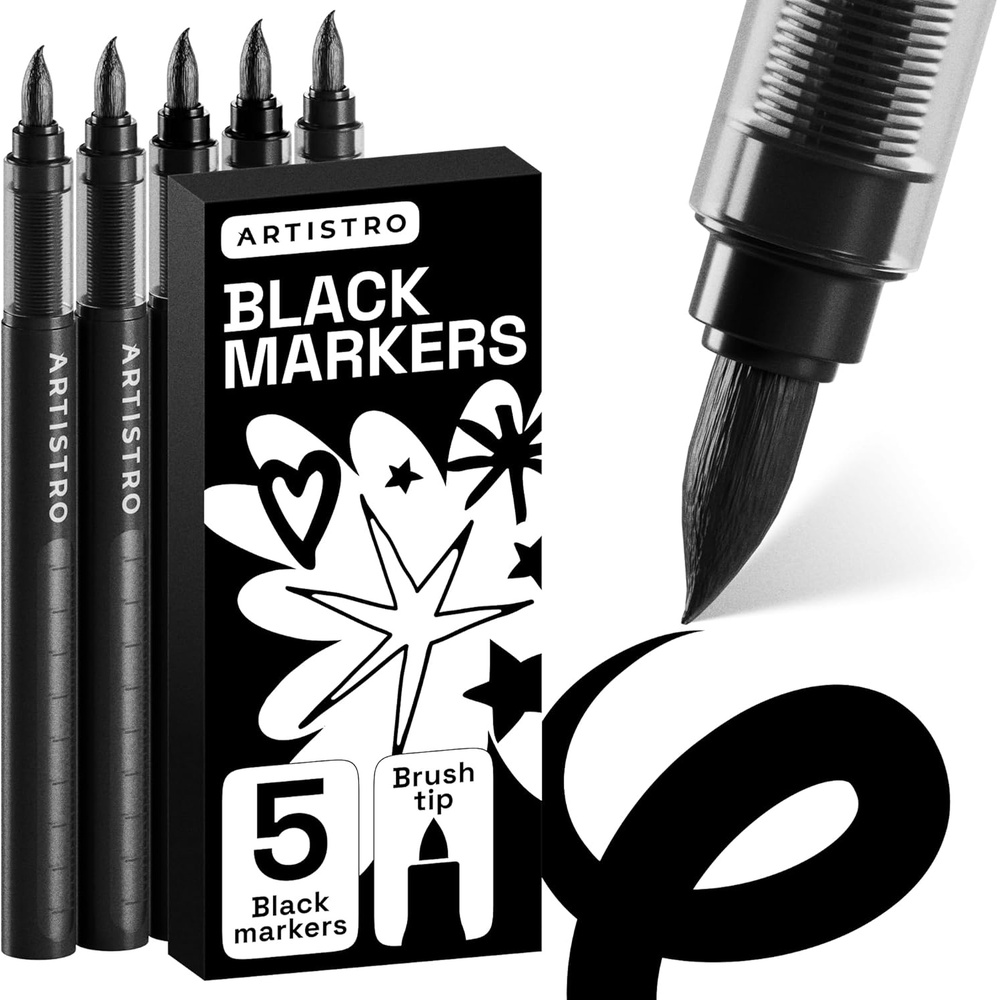 image:imageARTISTRO 5 Gold Paint Pen for Rock Glass Ceramic Wood Tire Fabric Metal Canvas Marking Painting Set of 5 Acrylic Paint Markers Waterbased Different TipsBlack