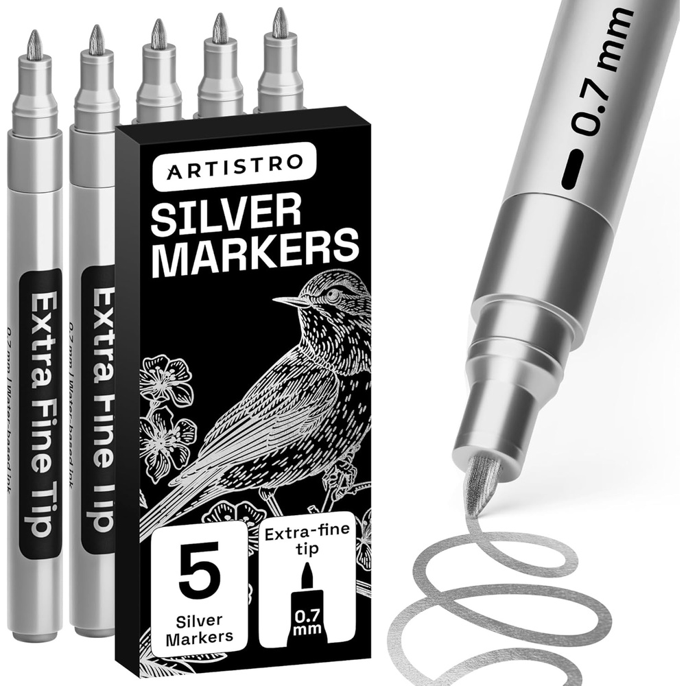 image:imageARTISTRO 5 Gold Paint Pen for Rock Glass Ceramic Wood Tire Fabric Metal Canvas Marking Painting Set of 5 Acrylic Paint Markers Waterbased Different TipsSilver