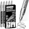 ARTISTRO 5 Gold Paint Pen for Rock, Glass, Ceramic, Wood, Tire, Fabric, Metal, Canvas, Marking, Painting – Set of 5 Acrylic Paint Markers Water-based – Different Tips(Silver)