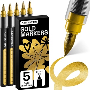 ARTISTRO 5 Gold Paint Pen for Rock, Glass, Ceramic, Wood, Tire, Fabric, Metal, Canvas, Marking, Painting – Set of 5 Acrylic Paint Markers Water-based – Different Tips(Gold)