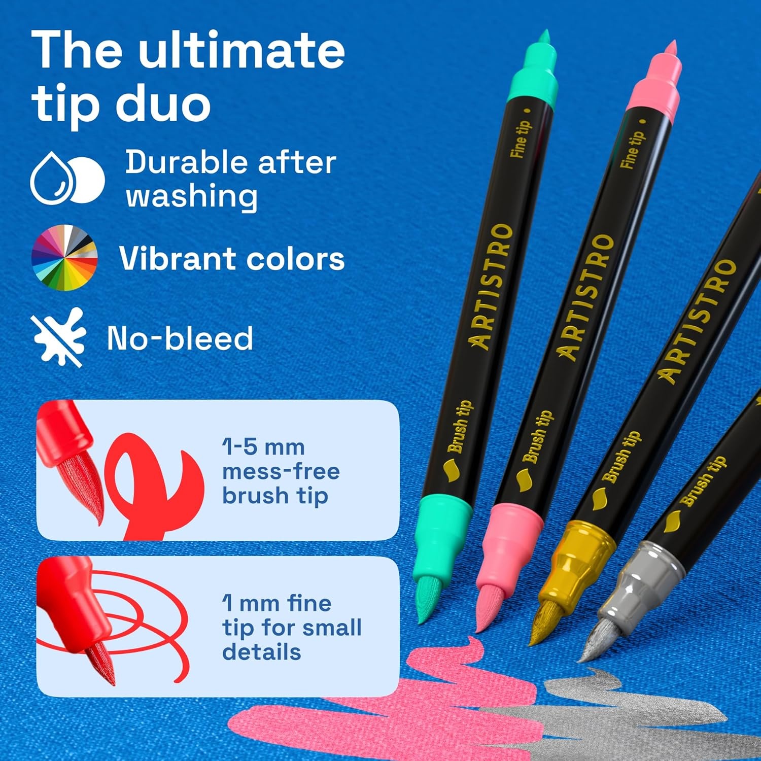 image:imageARTISTRO 120 DualTip Fabric Markers Fabric Decorating Kit Permanent for Clothes Acrylic Paint Pens for Sneakers Bags Shoes Textile Canvas Sewing Craft DIY Brush and Fine Tip
