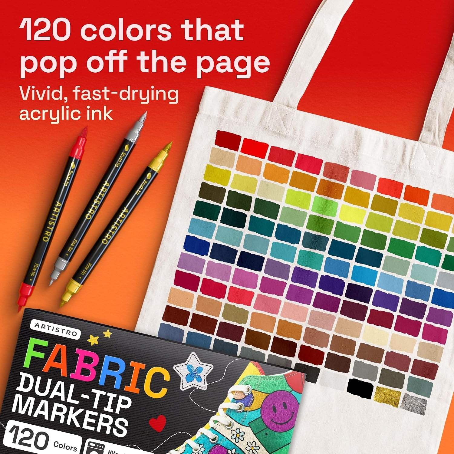 image:imageARTISTRO 120 DualTip Fabric Markers Fabric Decorating Kit Permanent for Clothes Acrylic Paint Pens for Sneakers Bags Shoes Textile Canvas Sewing Craft DIY Brush and Fine Tip