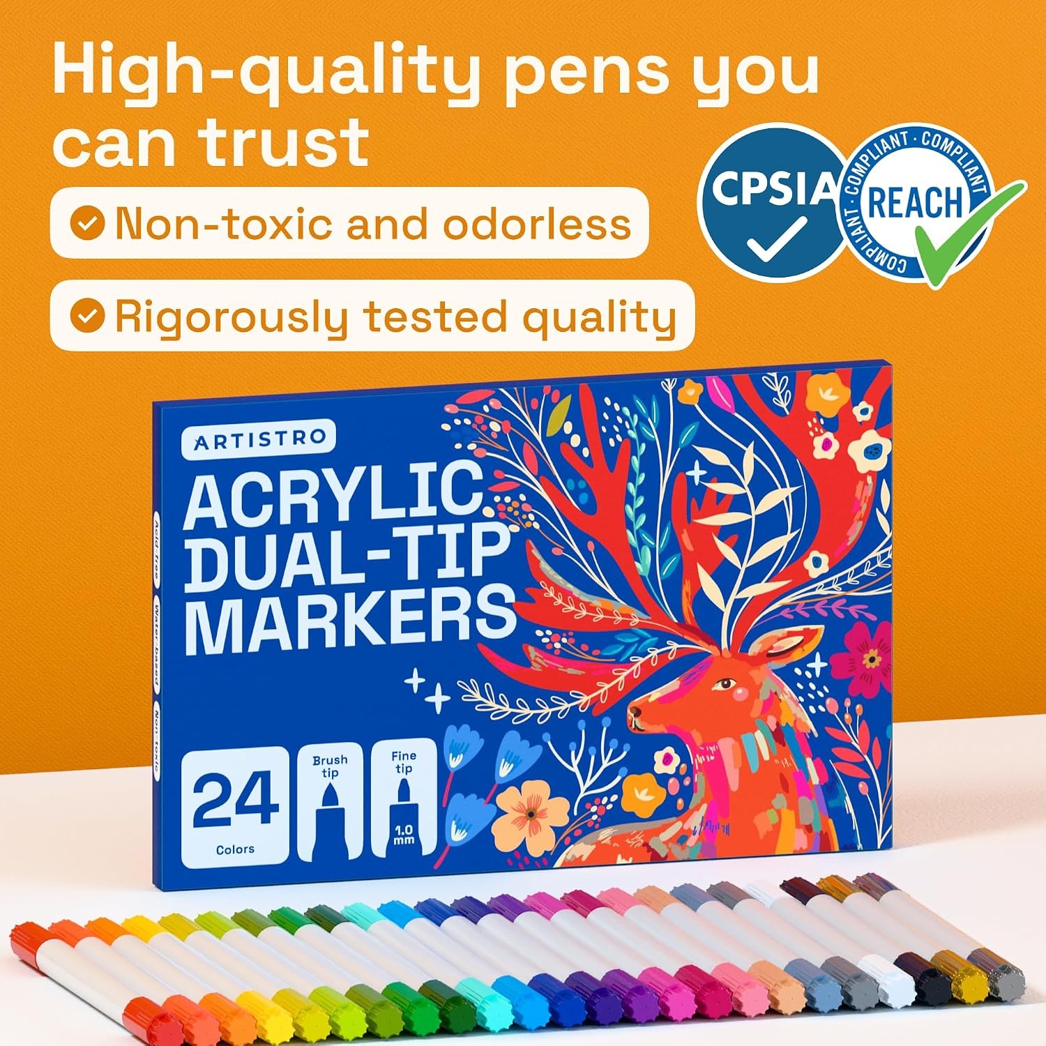 image:imageARTISTRO 24 Acrylic Paint Markers Paint Pens for Drawing For Fabric Rock Glass Wood Molds Arts amp Crafts Gift for Adults Teens Kids Classroom Must Haves amp School Supplies24 Dual Tip Brush Fine