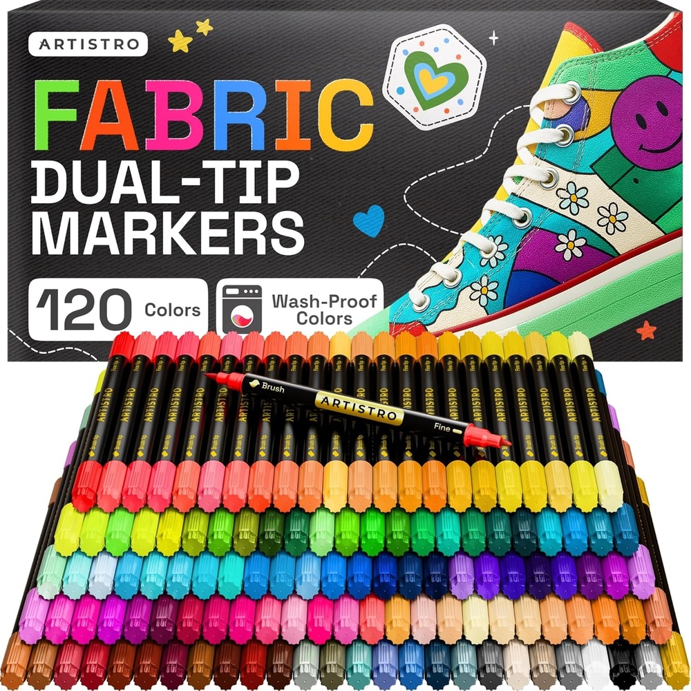 image:imageARTISTRO 120 DualTip Fabric Markers Fabric Decorating Kit Permanent for Clothes Acrylic Paint Pens for Sneakers Bags Shoes Textile Canvas Sewing Craft DIY Brush and Fine Tip