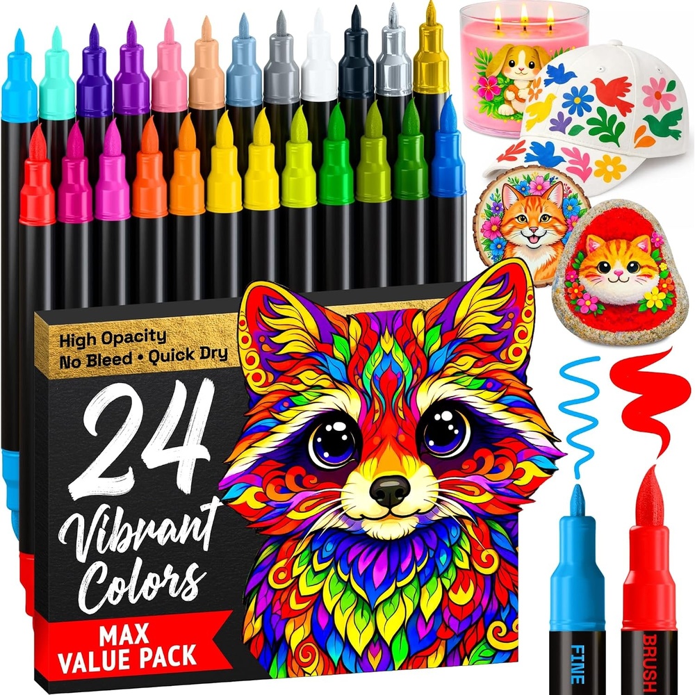 image:imageARTISTRO 24 Acrylic Paint Markers Paint Pens for Drawing For Fabric Rock Glass Wood Molds Arts amp Crafts Gift for Adults Teens Kids Classroom Must Haves amp School Supplies24 Dual Tip Brush Fine