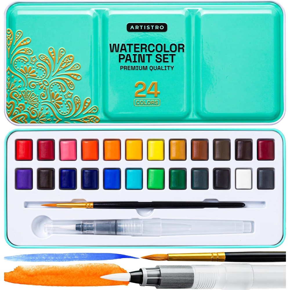 image:imageARTISTRO 24 Watercolors Paint Set Vivid Colors in a Portable Box Travel Watercolor Set with Complete Palette