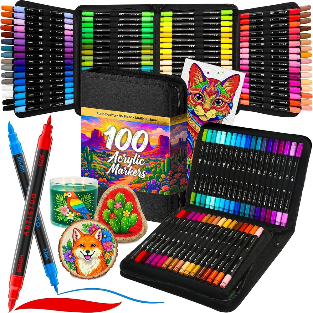 image:imageARTISTRO 100 DualTip Acrylic Paint Pens With Storage Bag Markers With Brush Fine Precision Tips Multisurface Painting for Fabric Rock Glass Wood amp MoreDual Tip Brush Fine