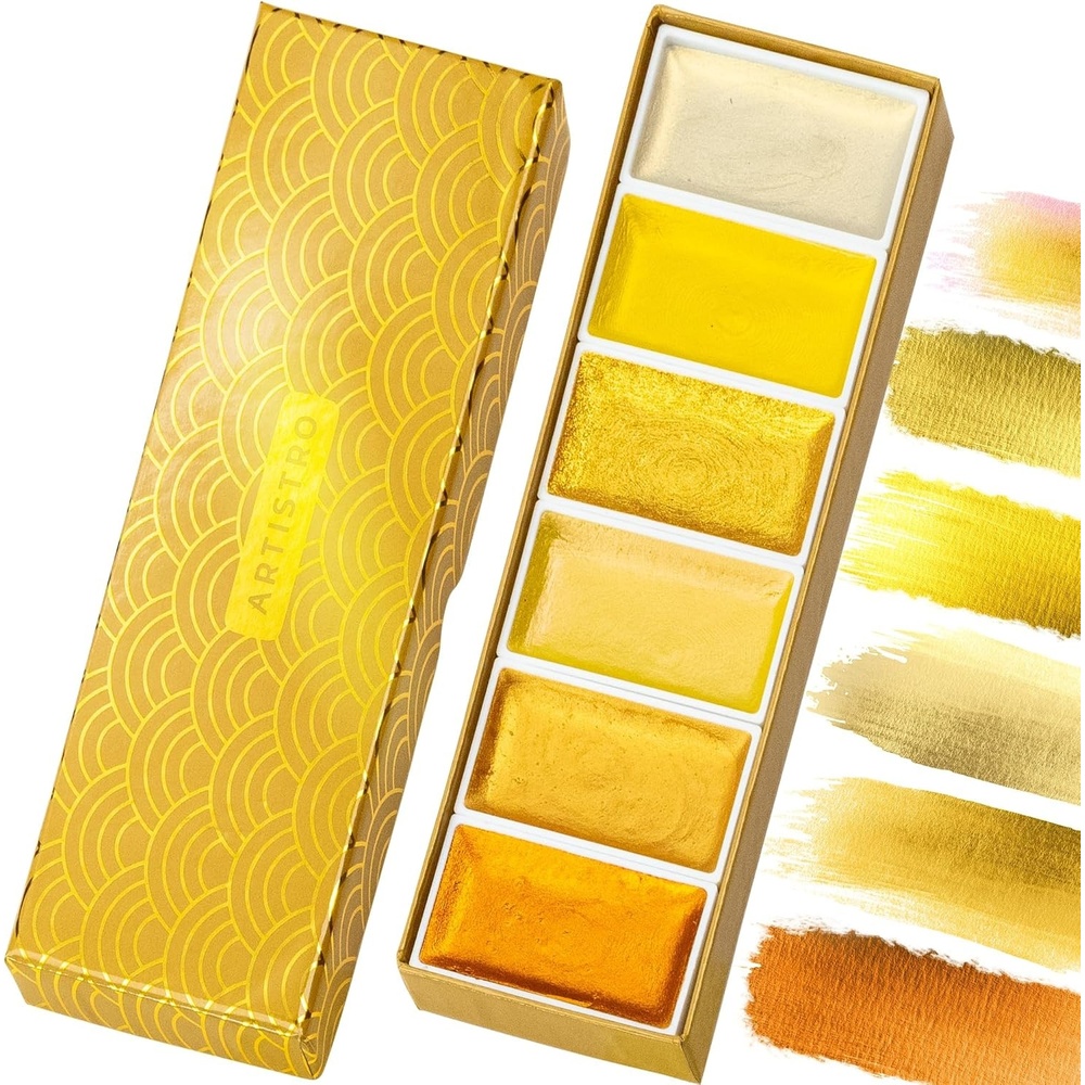 image:imageARTISTRO Professional Metallic Watercolor Paint Set for Adults 6 PigmentRich Gold Colors XL Pans ASTMI Lightfastness High Tinting Strength Watercolor Set for Professionals made by professionals