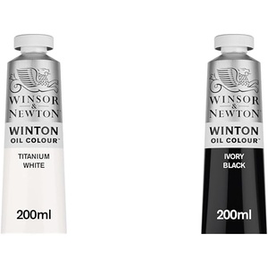 Winsor & Newton Winton Oil Colour Bundle, 2 x 200ml (6.75-oz) Tubes, Titanium White & Ivory Black(Titanium White & Ivory Black)